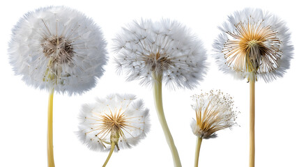Obraz premium A delicate collection of dandelion flowers in various stages, showcasing their intricate white seed heads and golden centers.