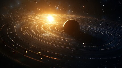 Obraz premium Glowing Planet with Rings in Space, A glowing planet surrounded by multiple rings and small celestial bodies in space