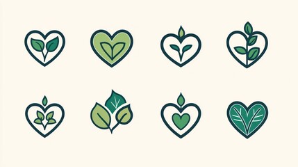 Green leaf heart icons; nature, love, ecology design; website, app