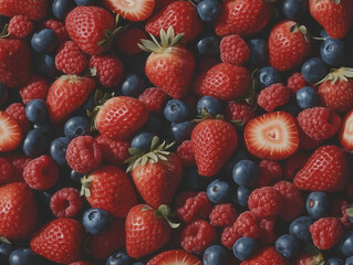 Fototapeta premium A vibrant mix of berries, including strawberries, blueberries, and raspberries, Fresh fruit， arranged in an aesthetically pleasing pattern, with the focus on their rich colors and textures, symbolizi