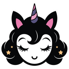 Cute Cartoon Unicorn Girl Face with Closed Eyes