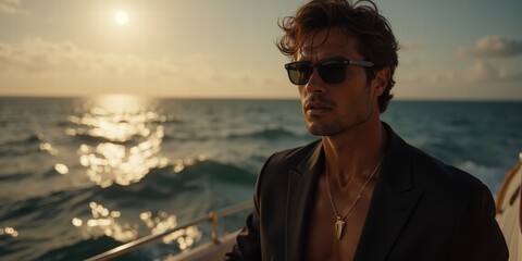 A stylish man in sunglasses stands on a yacht, gazing thoughtfully at the sunset over the ocean, capturing a moment of tranquility and elegance.