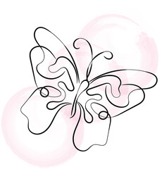 Elegant One Line Butterfly Drawing with Pink Watercolor Background