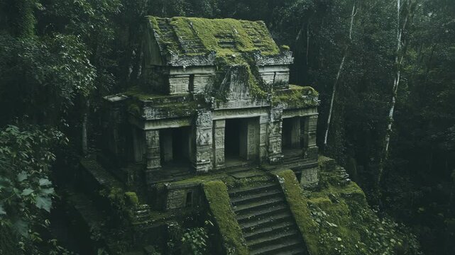Ancient Mayan Temple Ruins Overgrown in Jungle