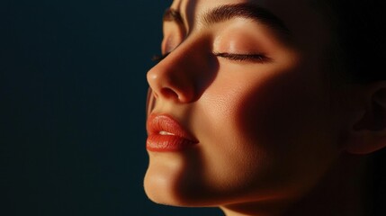 Close-up portrait of a woman's face. the woman's eyes are closed and her head is tilted slightly to the side. she has her eyes closed, and her lips are slightly parted.