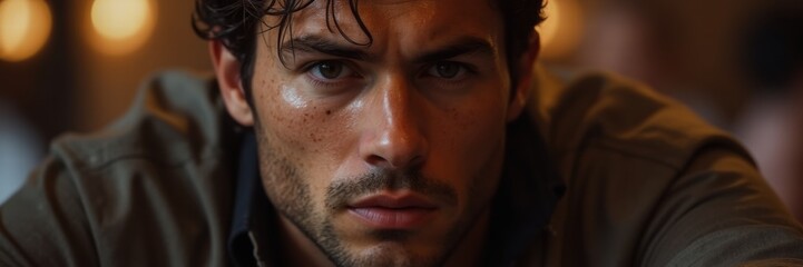 Intense close-up of a young man with tousled hair, conveying deep emotion and focus. a captivating portrait that captures raw human expression.
