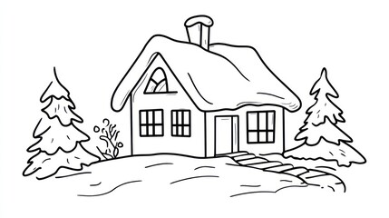 Fototapeta premium Snowy cottage winter landscape, Christmas card illustration