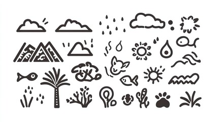 Obraz premium Hand-drawn nature icons sun, clouds, rain, mountains, ocean, plants, animals