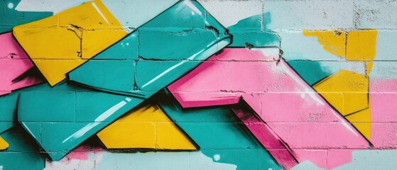 Fototapeta premium Vibrant Urban Street Art: Abstract Geometric Graffiti on Brick Wall