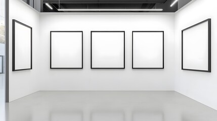 Modern art gallery showing empty frames displaying white canvases
