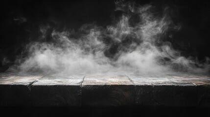 Eerie wisps of fog dance above the aged wooden surface in a shadowy ambiance