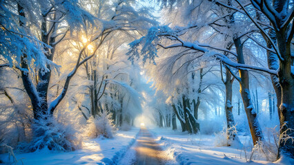 winter wonderland, snow-covered trees, magical forest path, glowing sunlight, frosty branches, ethereal atmosphere, foggy mist, enchanted woodland, blue and white color palette, dreamy landscape