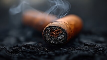 A hand-rolled cigar rests in deep ashes, releasing tendrils of smoke into the air