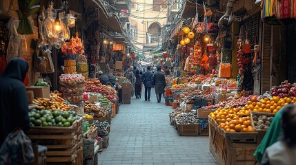Bustling Market Street Scene with Fruits, Vegetables, and People