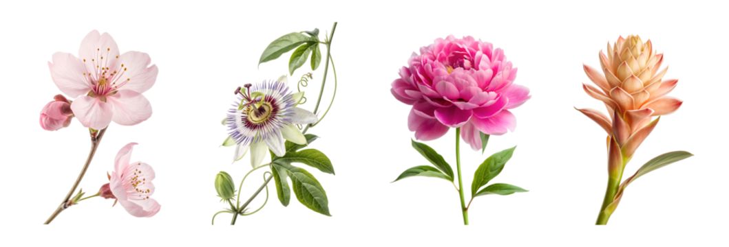 Pink Cherry Blossom Passion Pink Peony Flower Set on Transparent Background