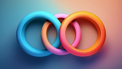 three circles in blue orange and pink with a light gradient color background colorful interlocking 3d rings