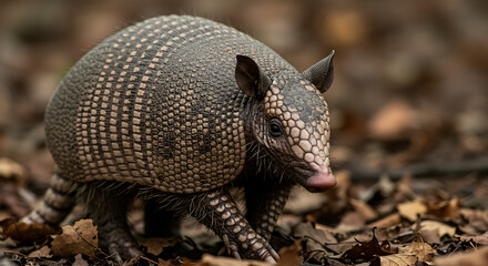 Obraz premium Nine Banded Armadillo Walking on Leaves
