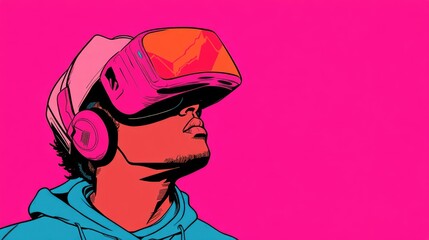 Colorful Pop Art Illustration of Person Experiencing Virtual Reality with Headset and Headphones