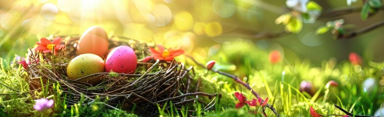 Obraz premium Easter egg hunt in a field with a basket full of colorful eggs, Easter eggs stock photo