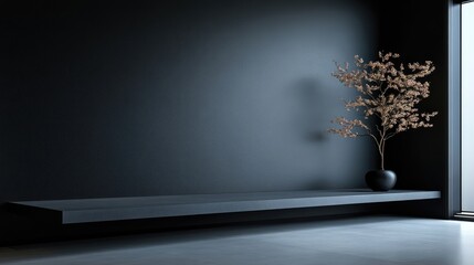 Minimalist modern room with a dark color scheme, featuring a low shelf and a small potted plant