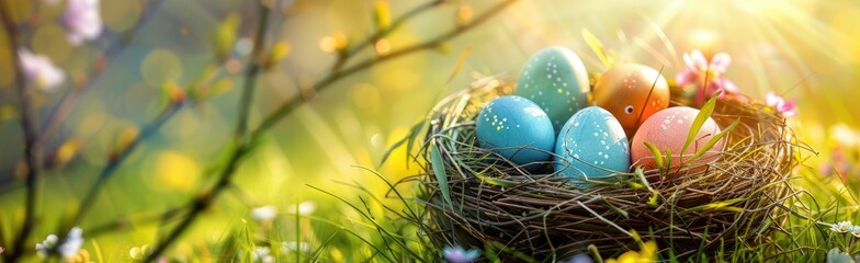 Obraz premium Easter egg hunt in a field with a basket full of colorful eggs, Easter eggs stock photo