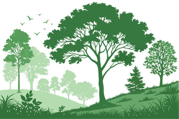 7 Lush green forest, realistic vector illustration, diverse tree species, deciduous trees, shrubs and bushes, layered foliage, natural landscape, botanical artwork, detailed leaf textures, environment