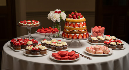 Naklejka premium Delectable Dessert Display: A sumptuous array of cakes, cupcakes, and macarons adorns a white tablecloth, perfect for a celebration!