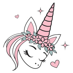 Adorable Pink Unicorn Head with Flower Crown Illustration