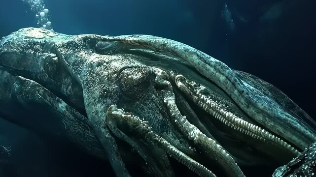 Abyssal Encounter: Majestic Giant Squid Emerging from the Depths of the Ocean