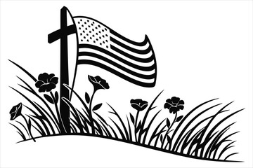Minimalist silhouette of a battlefield cross with flowing American flag and wild poppies