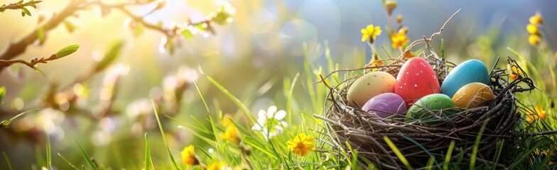 Easter egg hunt in a field with a basket full of colorful eggs, Easter eggs stock photo