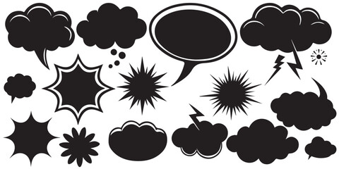 Ink blots and tree silhouettes with comic-style speech and thought bubbles