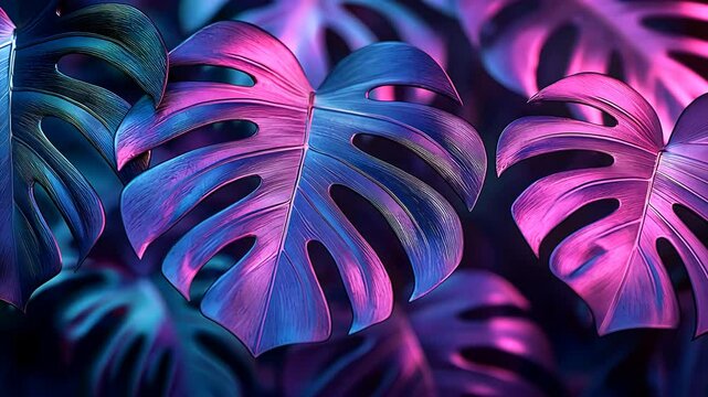 Large, split-leaf philodendron illuminated with vibrant neon colors