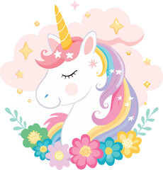 Cute Unicorn Head with Rainbow Mane and Flowers © Sadhin07