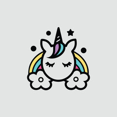 Cute Cartoon Unicorn Head with Rainbow and Clouds