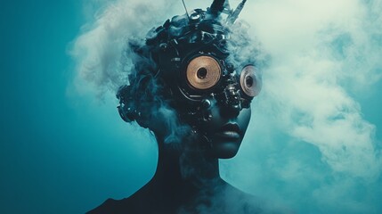 Surreal portrait of person with blue cloud head