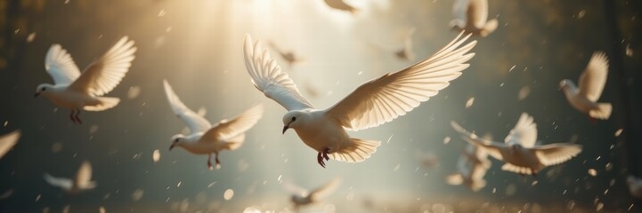 Fototapeta premium A mesmerizing scene of doves soaring gracefully through soft sunlight, capturing a moment of tranquility and freedom in nature.
