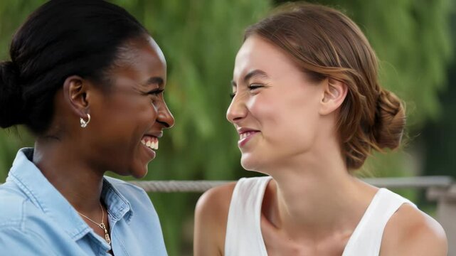 Joyful multiracial lesbian couple laugh intimately together outdoor.