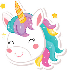 Adorable Cartoon Unicorn Head with Rainbow Mane and Stars