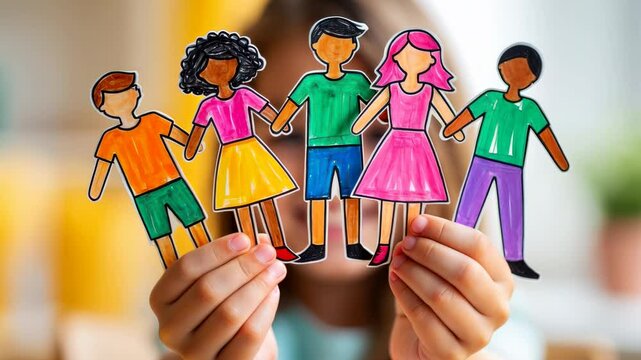 Child hands holding colorful diverse paper doll chain, representing diversity and inclusion.