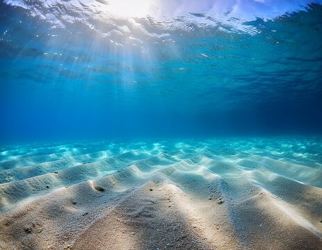 clear blue ocean water meets the sunlit sandy seabed below it