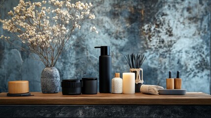 Bathroom accessories with dried flowers on wood shelf