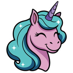 Adorable Cartoon Unicorn Head with Teal Mane and Purple Horn