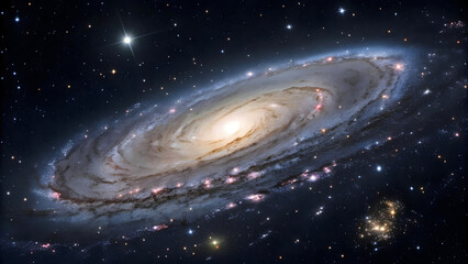 Spectacular Spiral Galaxy Featuring a Bright Core and Swirling Arms set Against Starry Sky, Ideal for Science, Space Exploration, and Cosmic Wonder Themes.