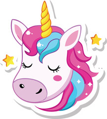 Cute Cartoon Unicorn Head with Pink and Blue Hair