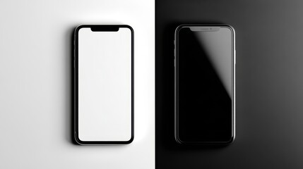 Two smartphones with white and black screens on split monochrome background.