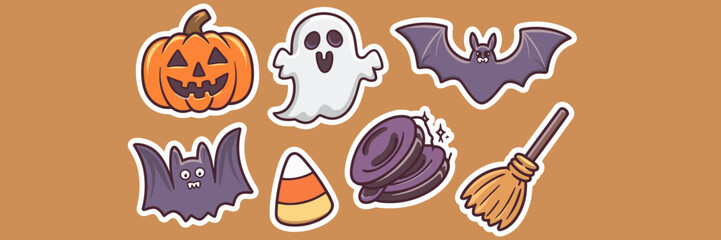 Halloween outline icon set with pumpkin, ghost, and bat – Perfect for spooky-themed branding, party invites, or fall merchandise
