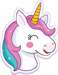 Adorable Cartoon Unicorn Head Sticker Design Illustration