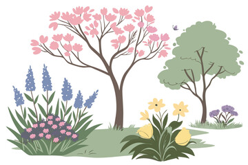 9 Colorful spring flowering bushes and trees, botanical illustration, vector graphics, pastel colors, blue flowers, pink blossoms, yellow blooms, purple lavender, green foliage, isolated plant specime