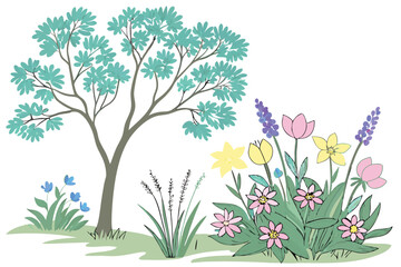9 Colorful spring flowering bushes and trees, botanical illustration, vector graphics, pastel colors, blue flowers, pink blossoms, yellow blooms, purple lavender, green foliage, isolated plant specime